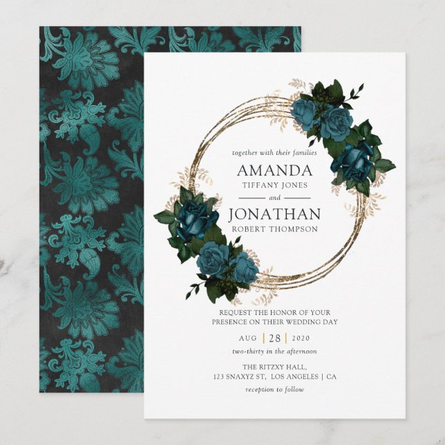 Invitation Mariage floral sarcelle et or (Devant / Derrière)