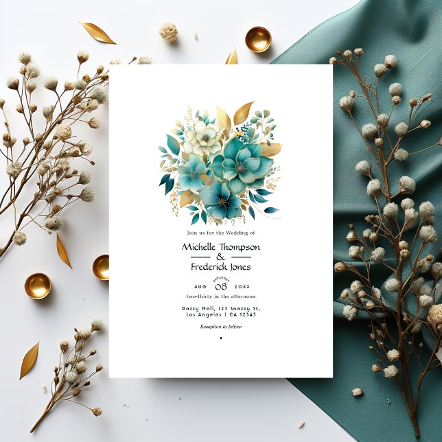 Invitation Mariage floral sarcelle et or (Créateur téléchargé)