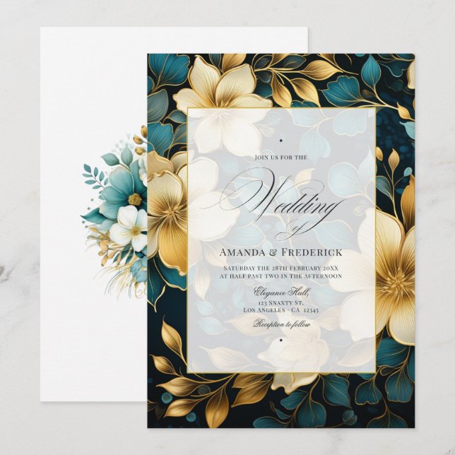 Invitation Mariage floral sarcelle et or (Devant / Derrière)