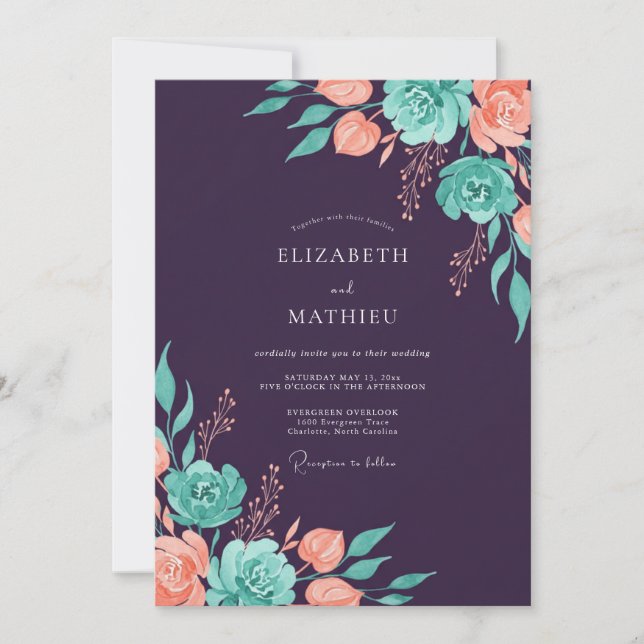 Invitation Mariage Floral sarcelle pêche prune (Devant)