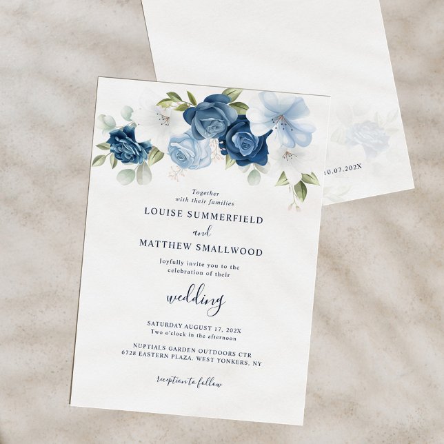 Invitation Mariage Floral Script Bleu Poussiéreux Navy (Dusty Blue Floral Script Modern Wedding Invitation)