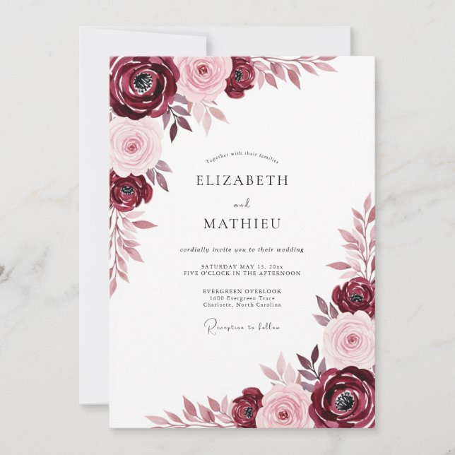 Invitation Mariage Floral Séduisant Bourgogne (Devant)