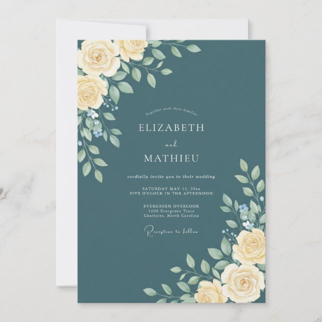 Invitation Mariage Floral Séraphique Sarcelle (Devant)