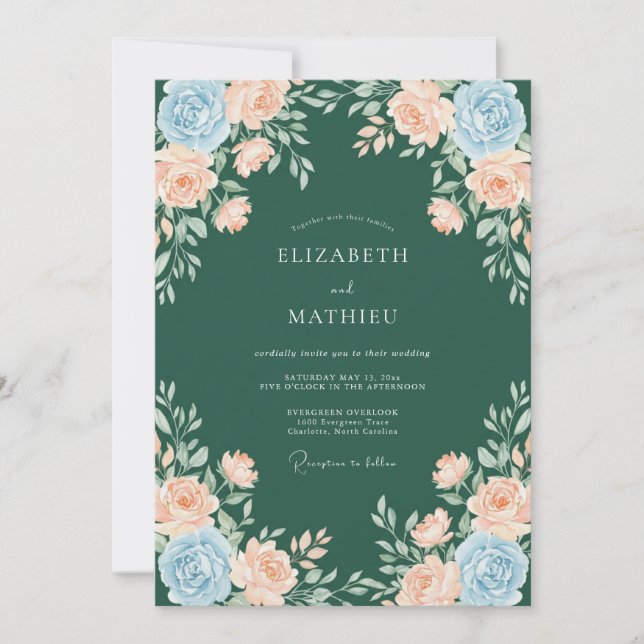 Invitation Mariage Floral Serein Vert Forêt (Devant)