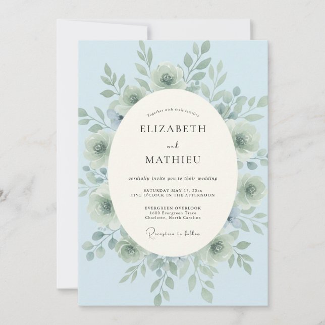 Invitation Mariage Floral Sérénité Bleu Bébé (Devant)