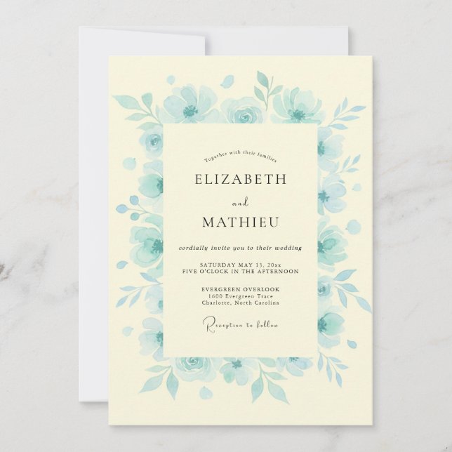 Invitation Mariage Floral Sérénité Bleu Glacé (Devant)