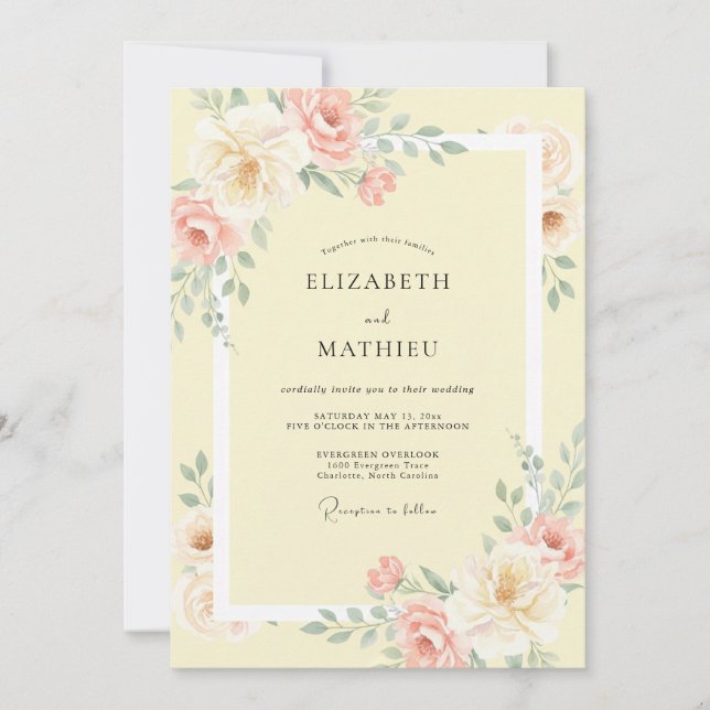 Invitation Mariage Floral Sérénité Jaune Pâle (Devant)