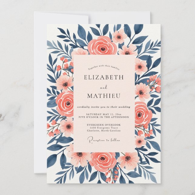 Invitation Mariage Floral Sérénité Navy Peach (Devant)