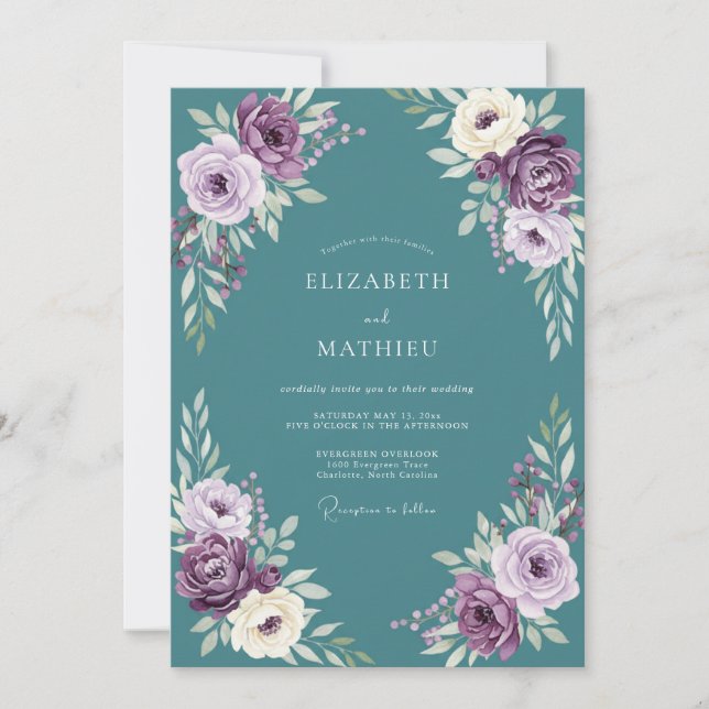 Invitation Mariage Floral Sérénité Prune (Devant)