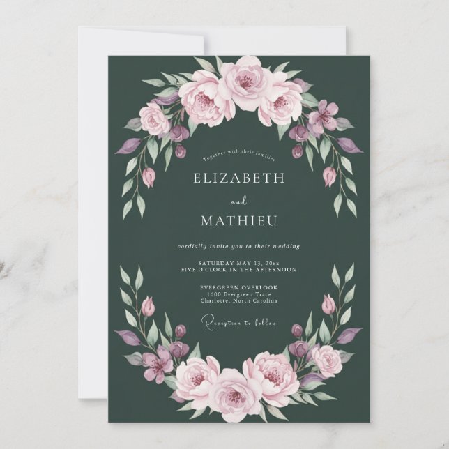 Invitation Mariage Floral Sérénité Vert Foncé (Devant)