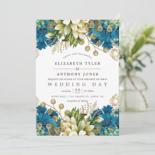 Invitation Mariage Floral Shabby Vintage Turquoise et Or