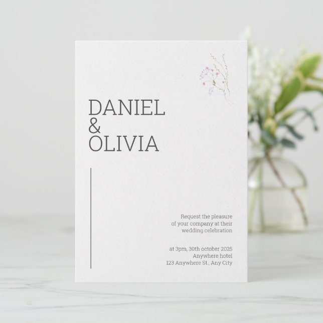 Invitation Mariage floral simple blanc et noir (Debout devant)
