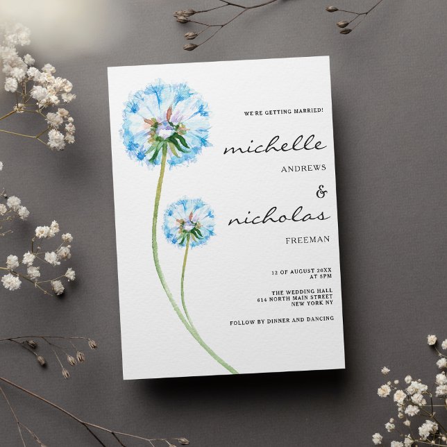 Invitation Mariage floral simple bleu lilas vert dandelion (Simple blue lilac green dandelion floral wedding)