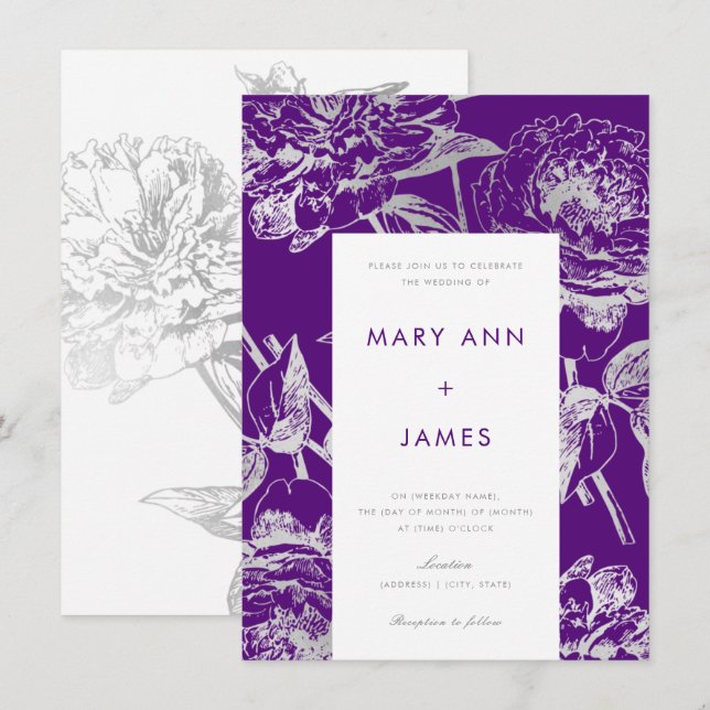 Invitation Mariage floral simple et moderne à l'argent violet (Devant / Derrière)