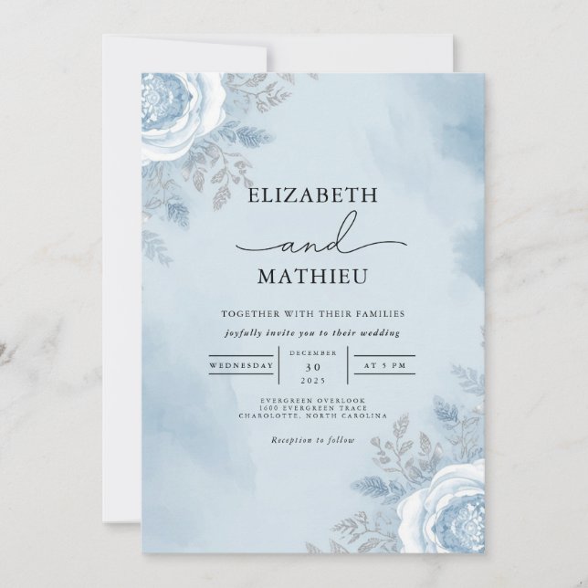 Invitation Mariage floral Sky Blue Watercolor (Devant)