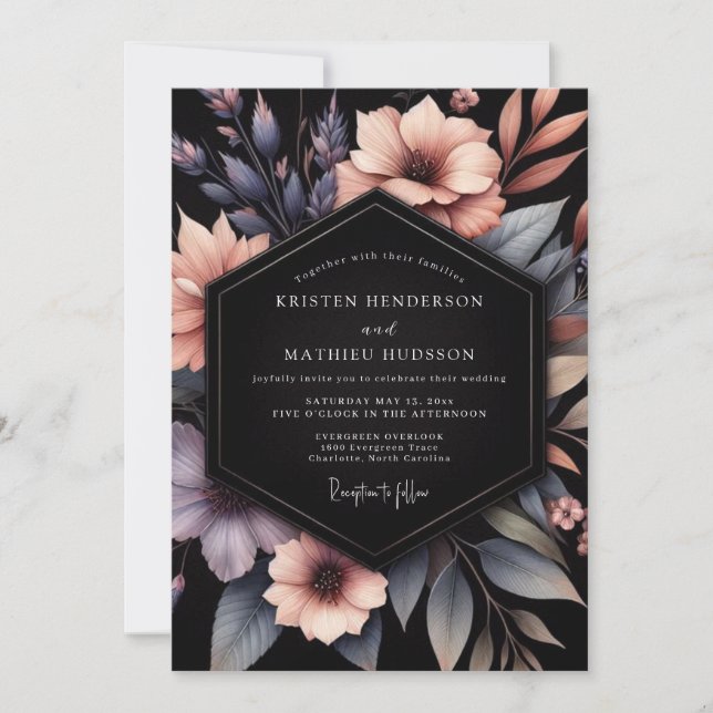 Invitation Mariage Floral Slate & Peach Moody (Devant)