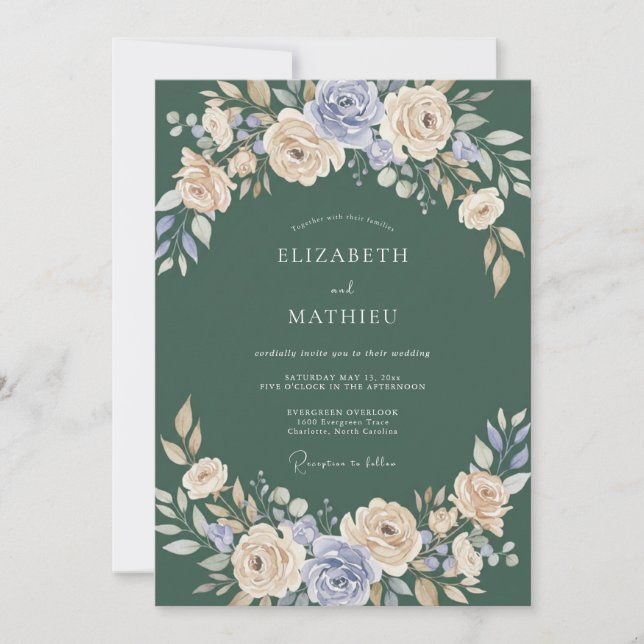 Invitation Mariage Floral Solennel Vert Foncé (Devant)