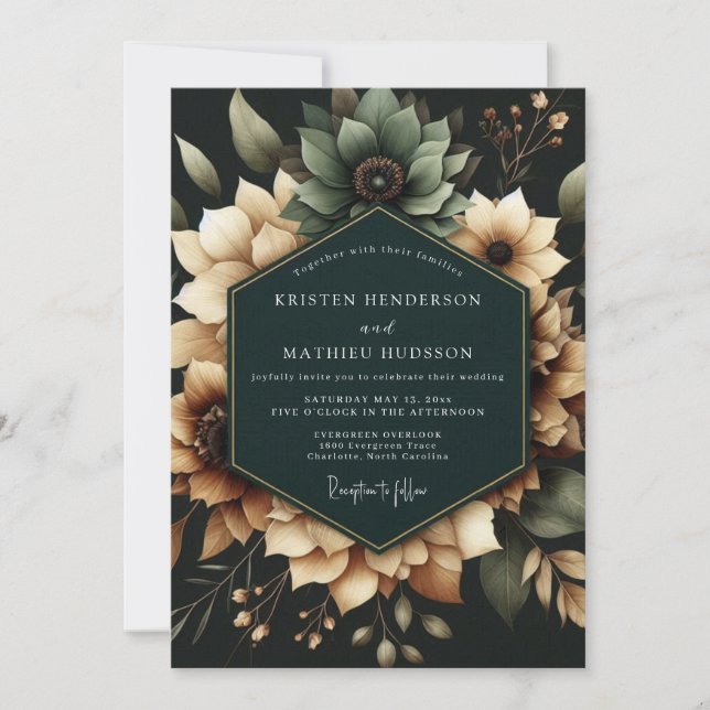 Invitation Mariage Floral Sombre Teal (Devant)
