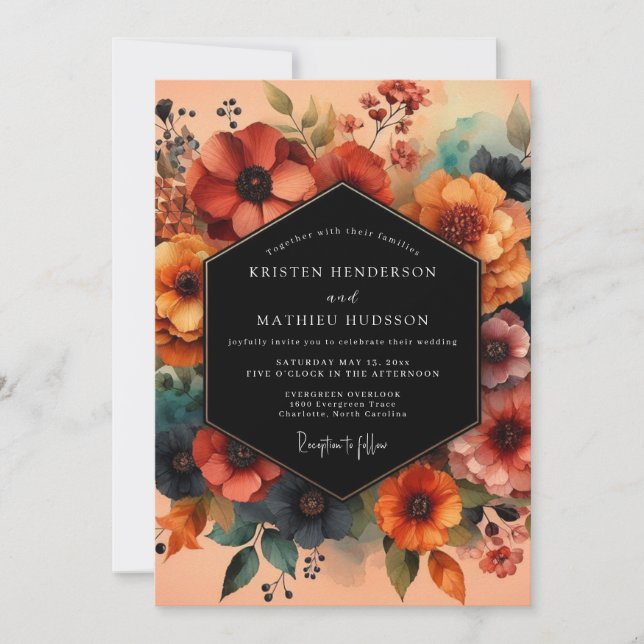 Invitation Mariage Floral Sombre Teal Rouille (Devant)