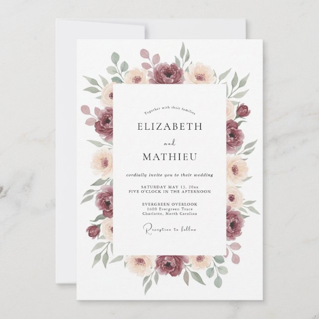 Invitation Mariage Floral Somptueux Bourgogne (Devant)