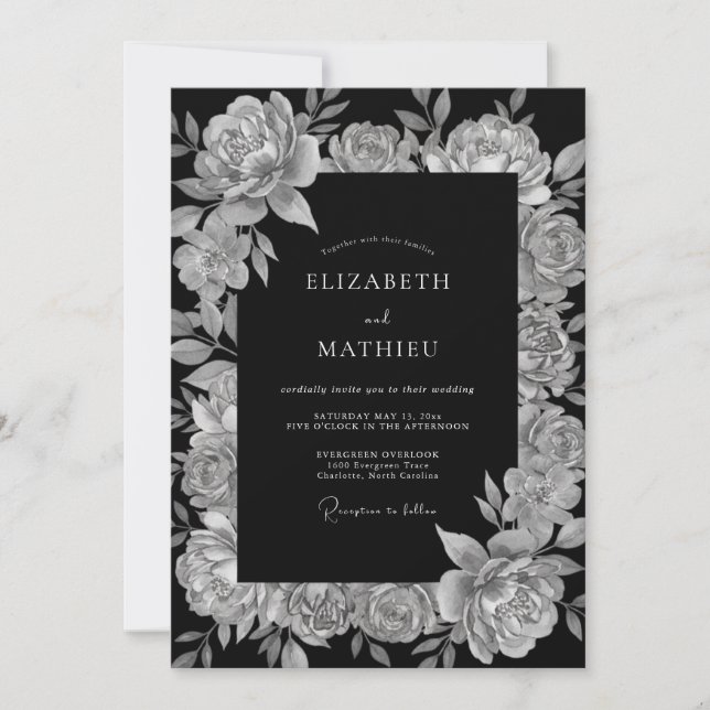 Invitation Mariage Floral Somptueux Noir (Devant)