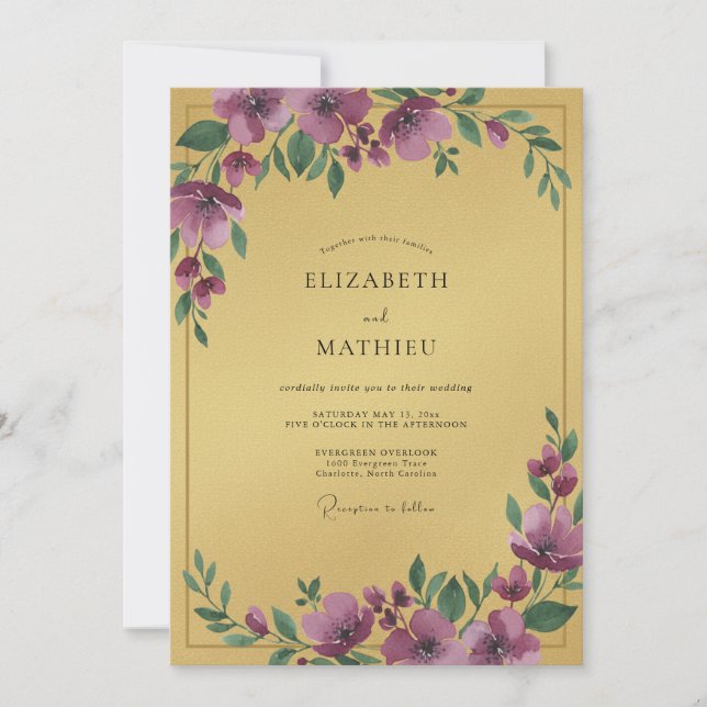 Invitation Mariage Floral Somptueux Or (Devant)