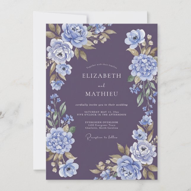 Invitation Mariage Floral Somptueux Prune (Devant)