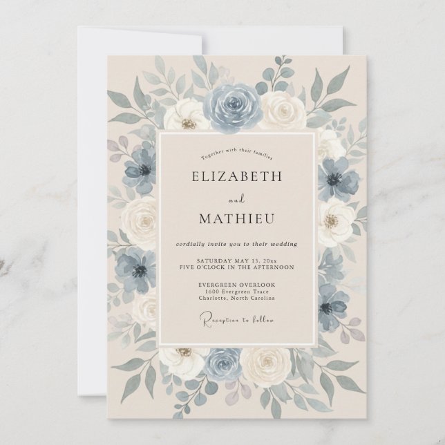 Invitation Mariage Floral Sophistiqué Bleu Acier (Devant)