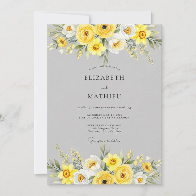 Invitation Mariage Floral Sophistiqué Jaune (Devant)