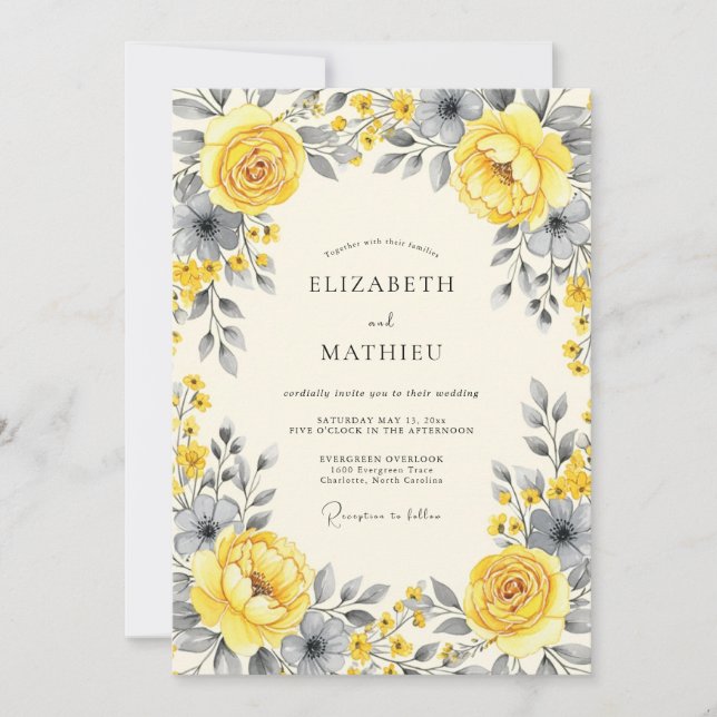 Invitation Mariage Floral Sophistiqué sur Ardoise Jaune (Devant)