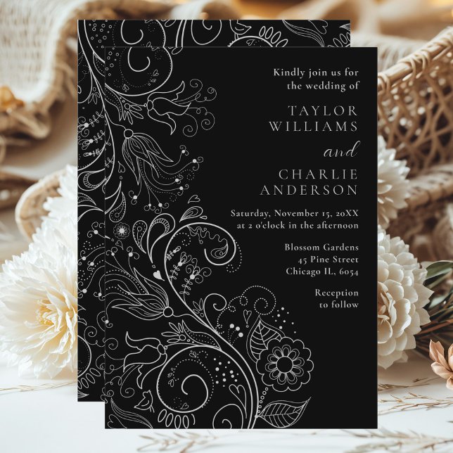 Invitation Mariage floral soyeux et noir (Créateur téléchargé)