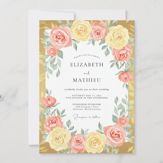 Invitation Mariage Floral Splendide aux Pêches (Devant)