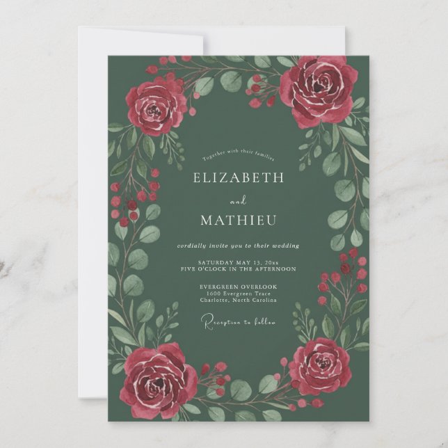 Invitation Mariage Floral Splendide Vert Chasseur (Devant)