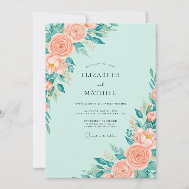 Invitation Mariage Floral Splendide Vert Menthe (Devant)