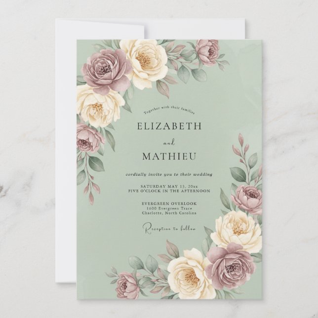 Invitation Mariage Floral Splendide Vert Sauge (Devant)
