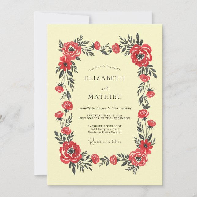 Invitation Mariage Floral Statuaire Écarlate (Devant)
