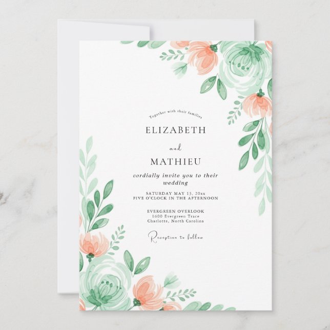 Invitation Mariage floral subtil vert menthe (Devant)