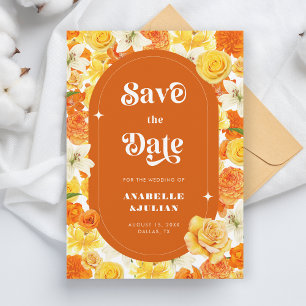 Invitation Mariage floral Super rétro Jaune Orange