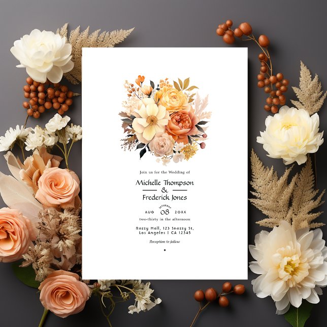 Invitation Mariage floral Tan, pêche et sable (Créateur téléchargé)