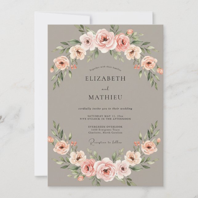 Invitation Mariage Floral Taupe Atténué (Devant)
