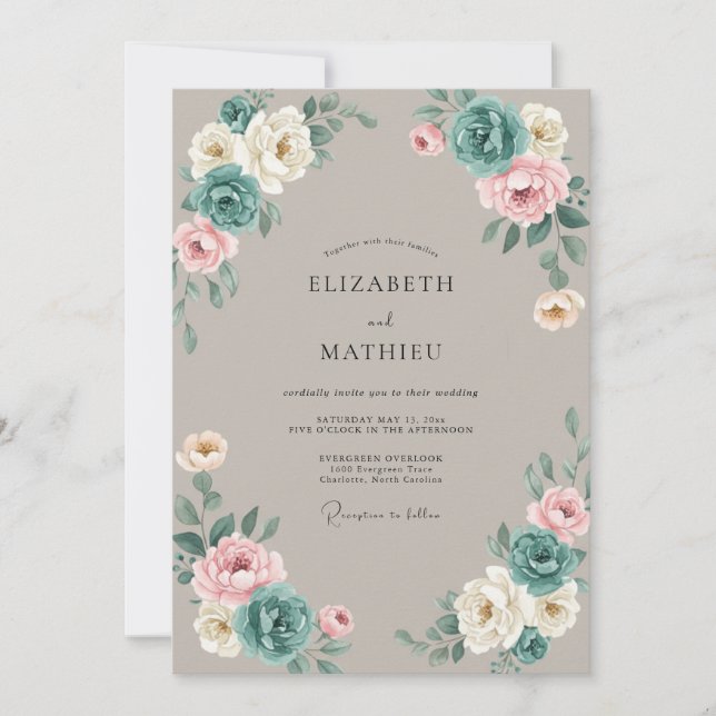 Invitation Mariage Floral Taupe Blush Sarcelle (Devant)