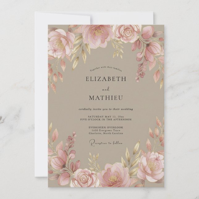 Invitation Mariage Floral Taupe Doux (Devant)