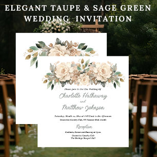Invitation Mariage Floral Taupe Élégant avec Vert Sauge