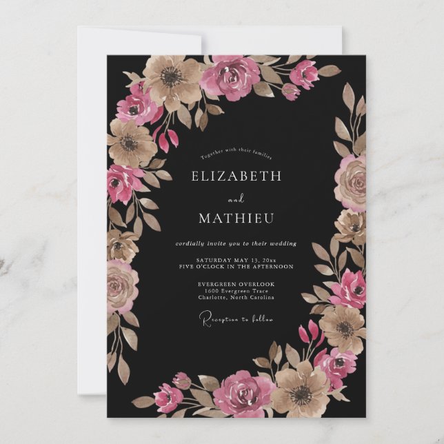 Invitation Mariage Floral Taupe Rose Romance (Devant)