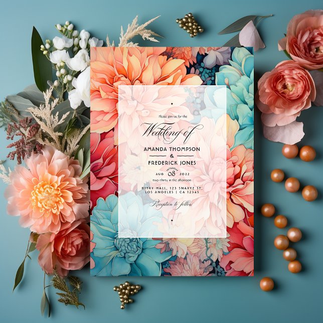 Invitation Mariage floral teal, corail et champagne (Créateur téléchargé)