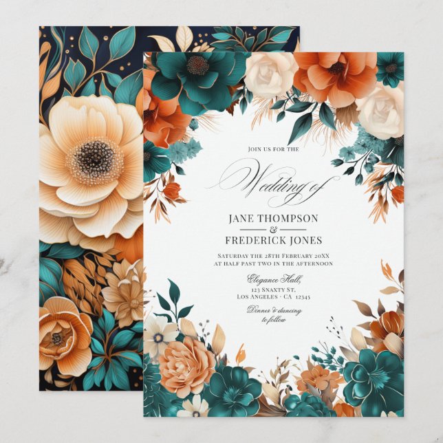 Invitation Mariage Floral Teal Orange Brûlé & Champagne (Devant / Derrière)