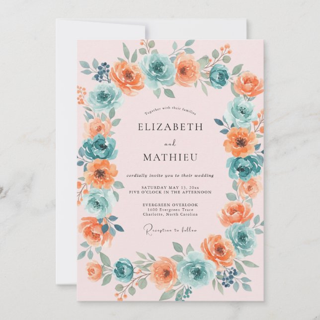 Invitation Mariage Floral Teinte de Corail (Devant)