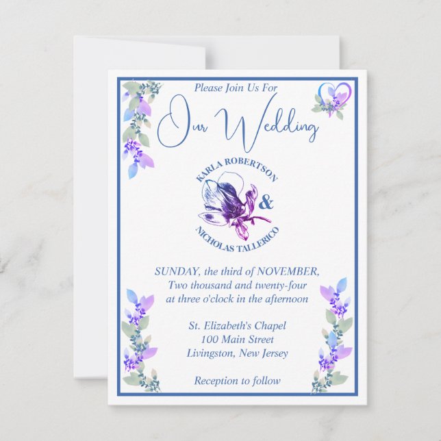 Invitation Mariage floral teinte lavande et bleu (Devant)