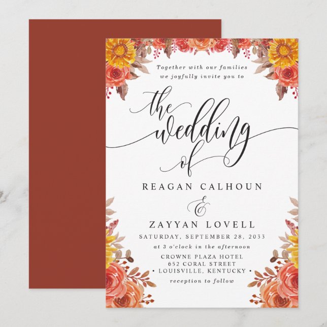 Invitation Mariage Floral Terracotta Automnal Rustique (Devant / Derrière)
