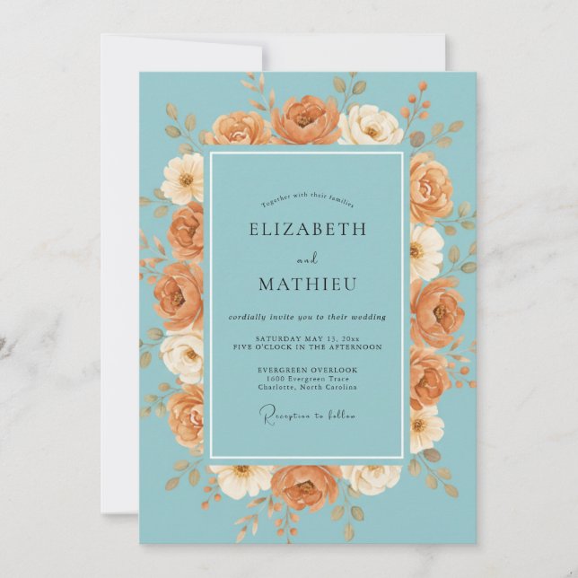 Invitation Mariage Floral Terreux Bleu Ciel (Devant)